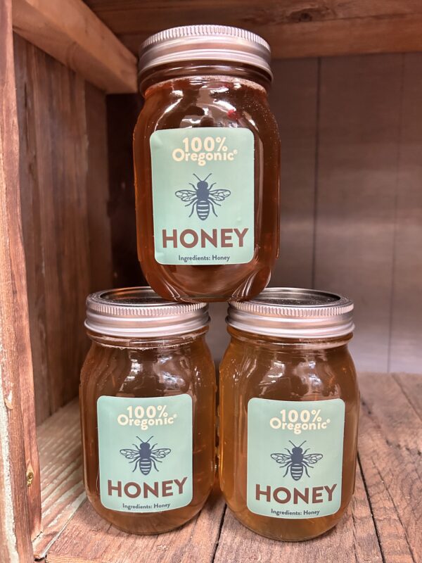 Three jars of honey are sitting on a shelf.